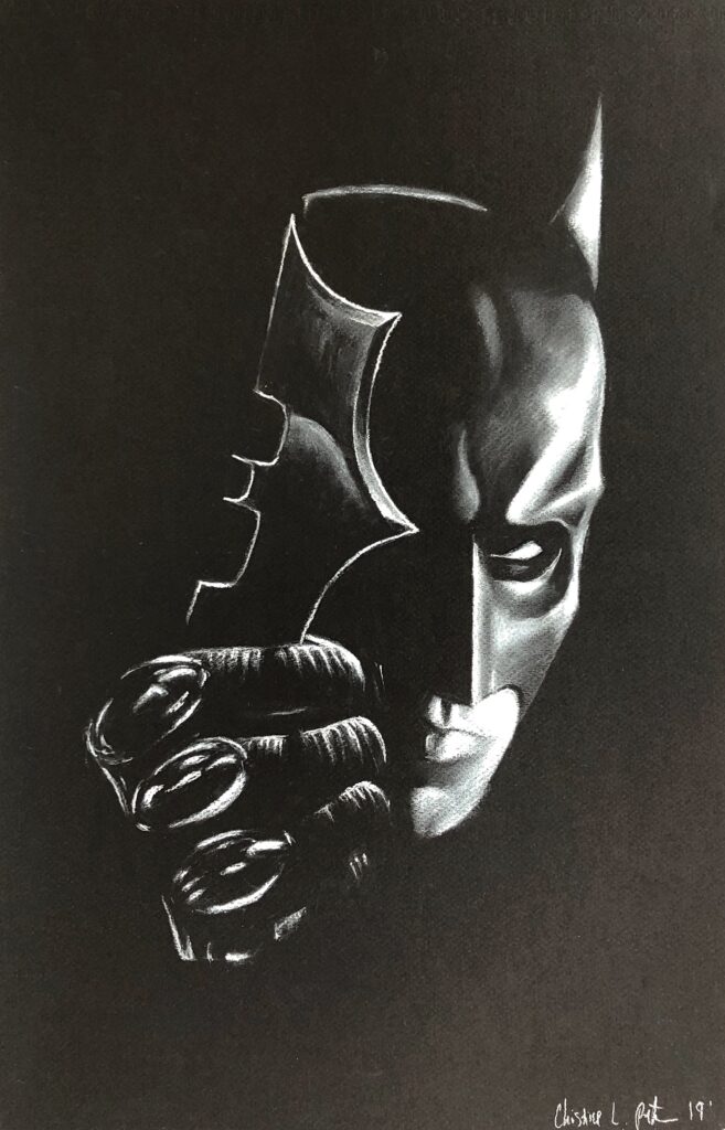 Black and white drawing of Batman