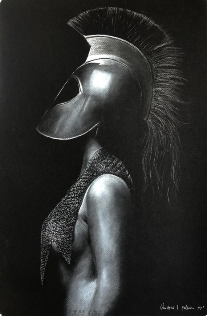 Black and white pastel drawing of a naked woman worrior with a helmet on