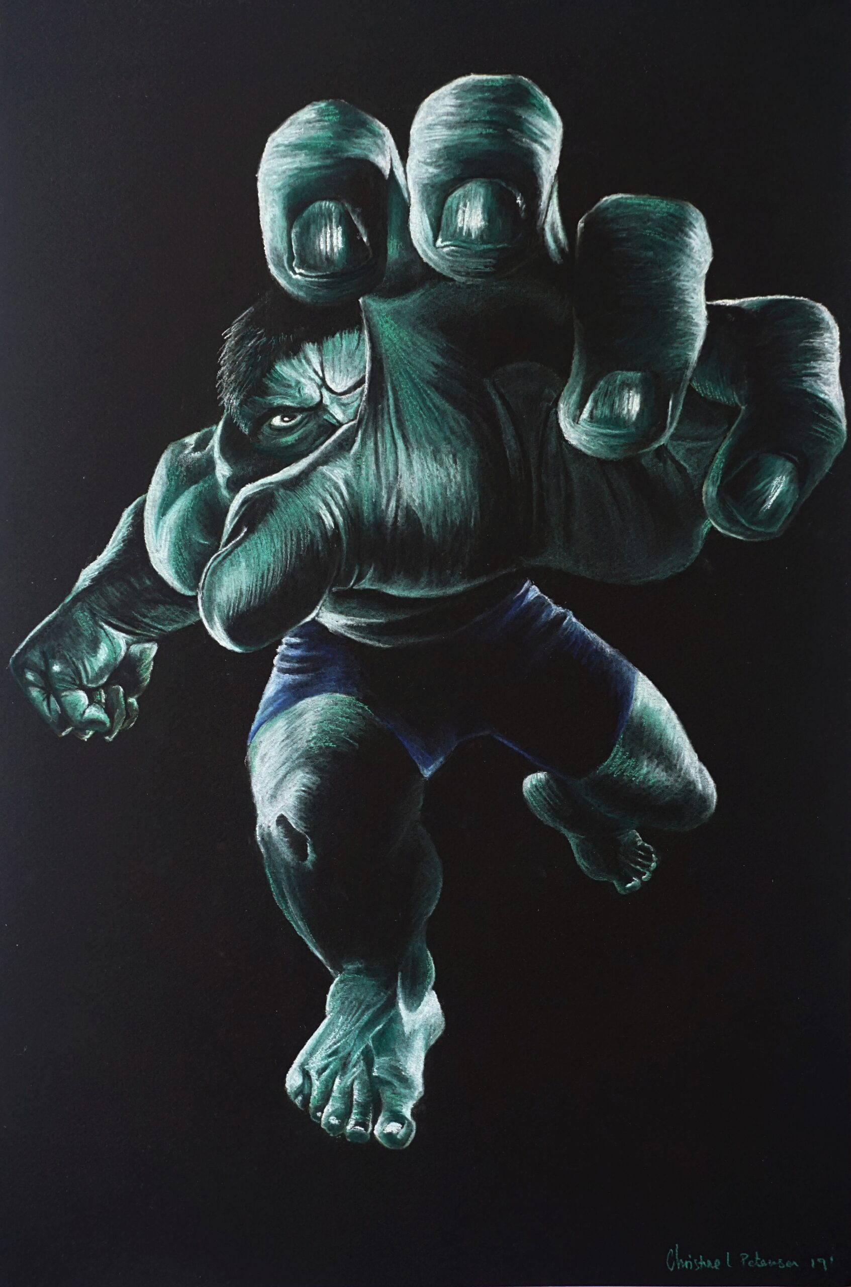 Black and white pastel drawing of The Hulk