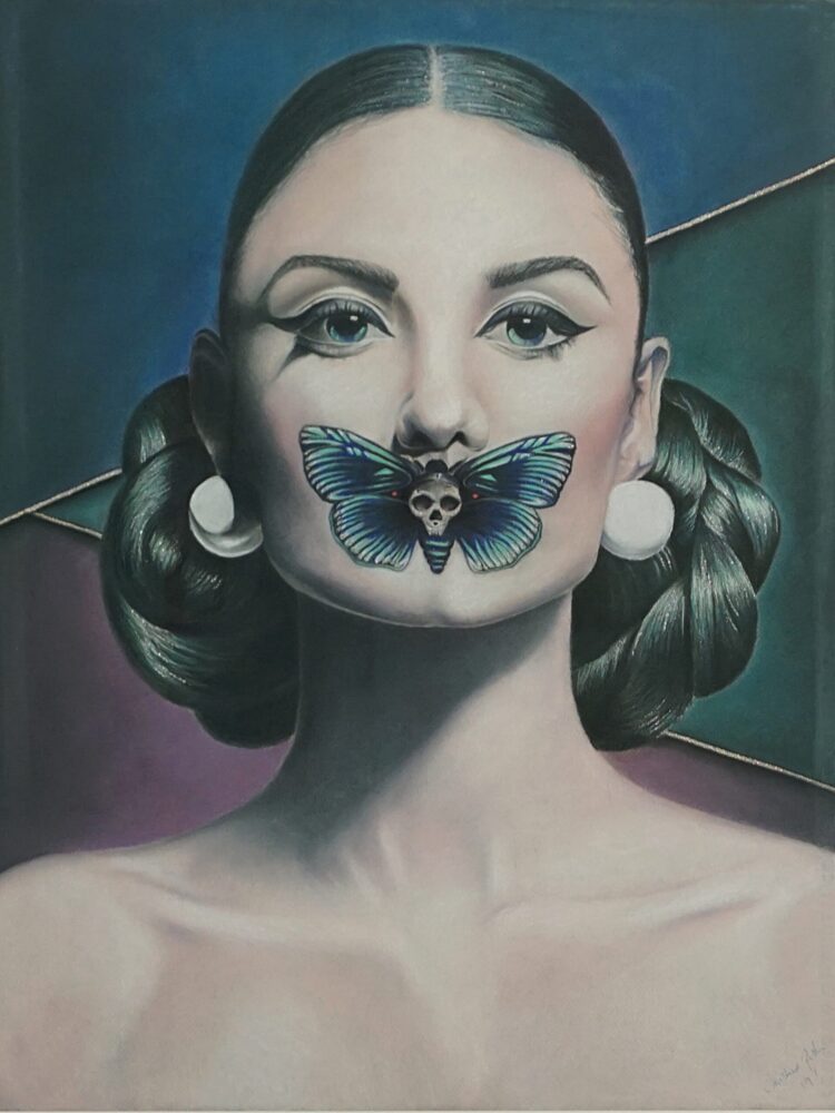 Pastel draeing of a woman with a butterfly covering her mouth