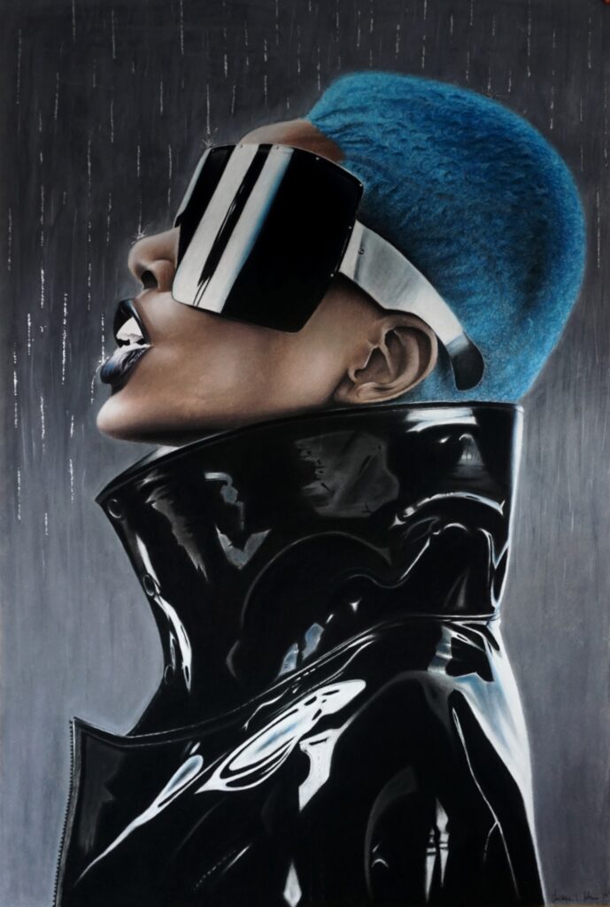 Pastel drawing of a colored woamen with blue hair wearing a black leather jacket and big black sunglasses