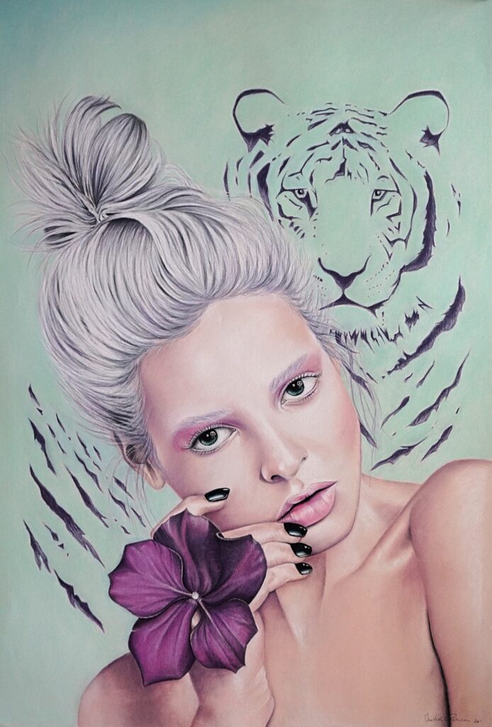 Pastel drawing of a woman with white hair and a purple flower on her hand and a tiger on a turquoise bagground