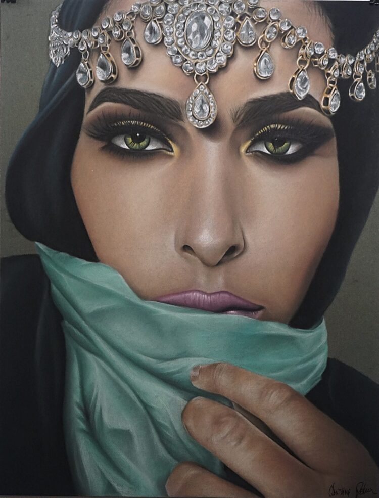 Pastel drawing of arabic woman with strong make up wearing a turquoise scarf and a jewelry around her head