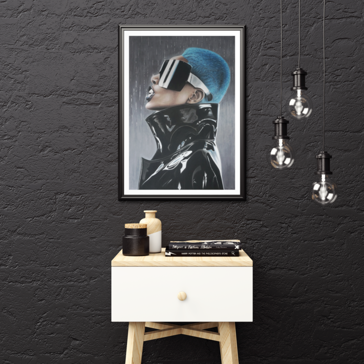 Pastel drawing of a colored woamen with blue hair wearing a black leather jacket and big black sunglasses in a black frame haning on a black wall net to three lamps and a litlle white table under it.