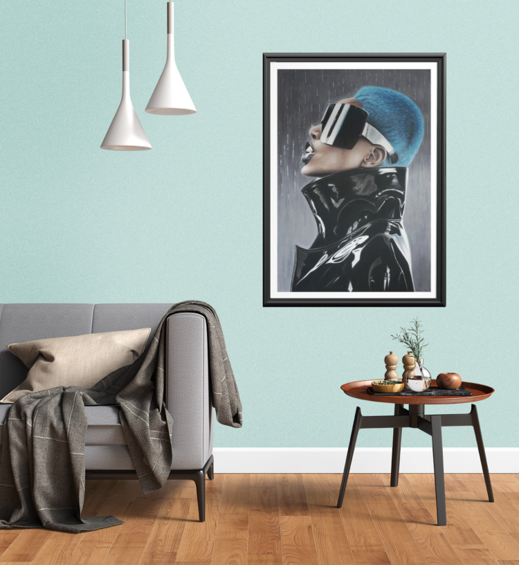 Pastel drawing of a colored woamen with blue hair wearing a black leather jacket and big black sunglasses in a black frame hanging on a turquoise wall next to two white lamps and a grey sofa and a small brown coffee table