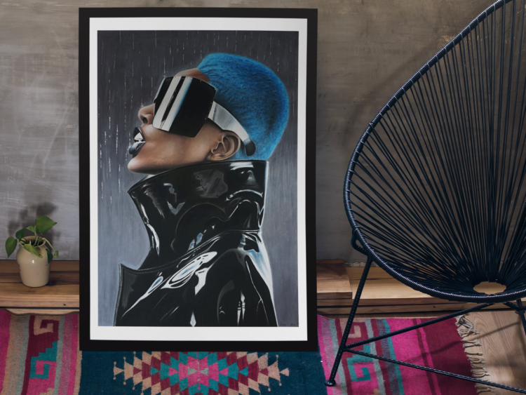 Pastel drawing of a colored woamen with blue hair wearing a black leather jacket and big black sunglasses in a black frame standing on the floor on a colourfull rug and a chair
