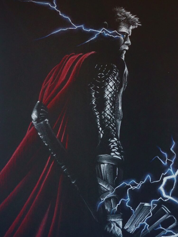 Pastel drawing of Thor with his hammer and a red cape