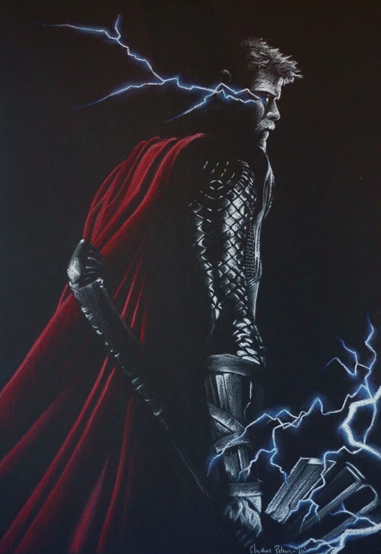 Pastel drawing of Thor with his hammer and a red cape
