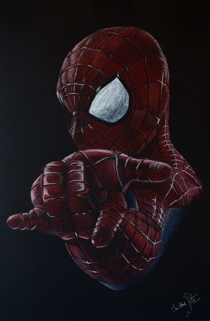 Pastel drawing of spiderman in red and blue