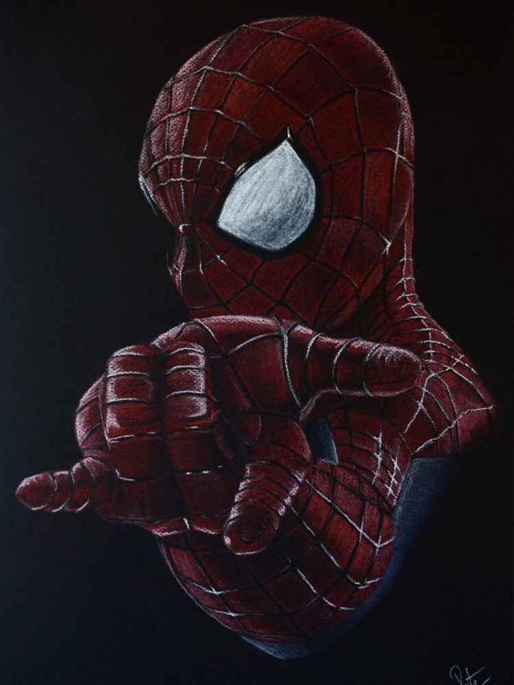 Pastel drawing of spiderman in red and blue