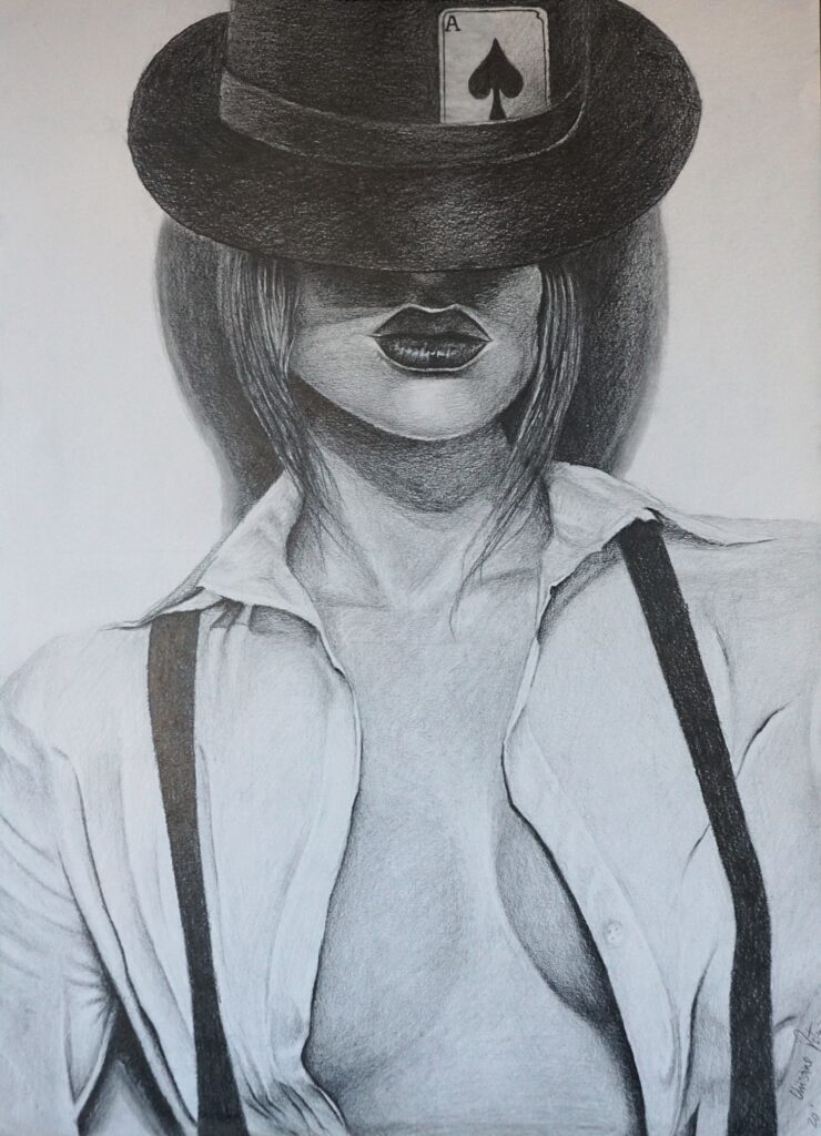 Pencil drawing of a woman with a white shirt and a black hat with a card in the hat