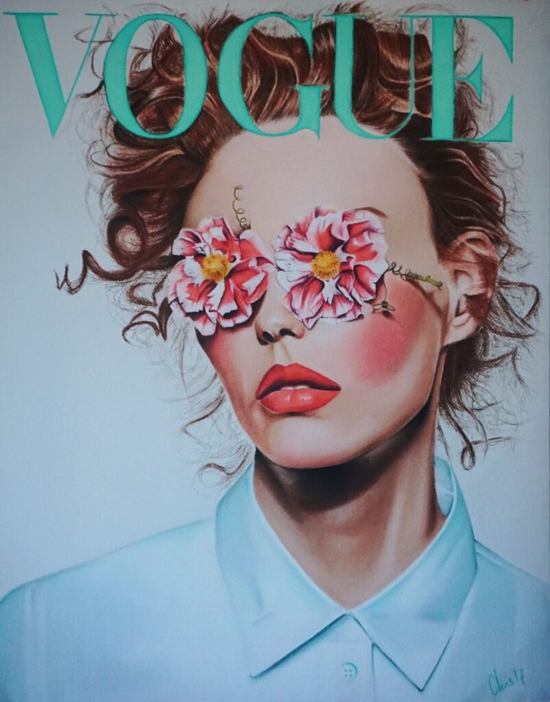 Vogue drawing of a woman with af white shirt and flowers in front of her eyes