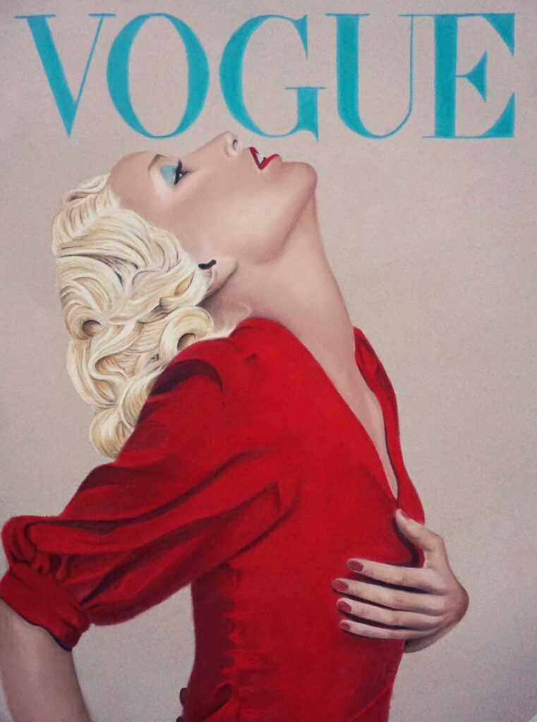 Vogue pastel drawing of white haired woman in a red shirt looking up
