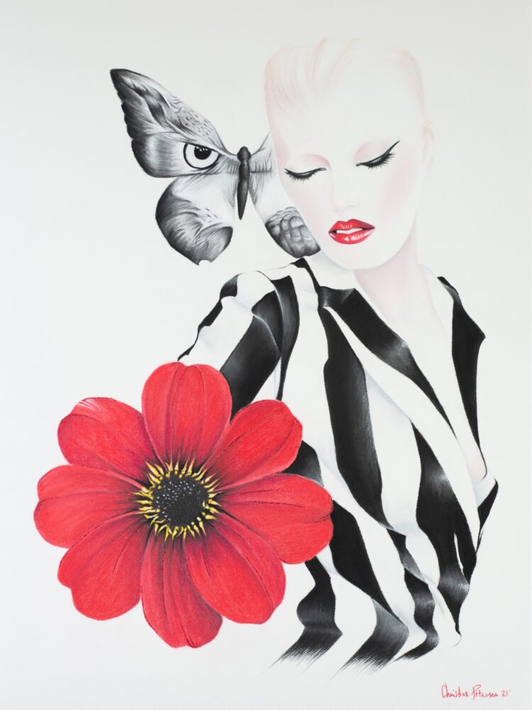 Pastel drawing of a woman in a balck and white striped shirt and a big red flower on her right side and a big butterfly next to her head