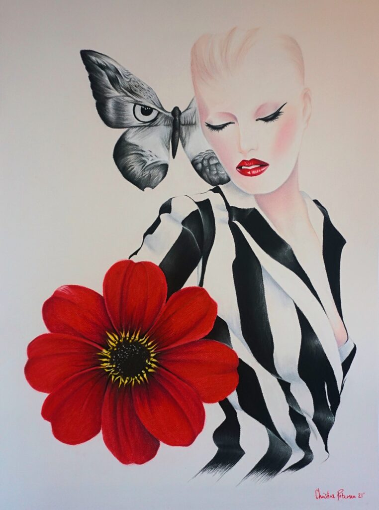 Pastel drawing of a woman in a balck and white striped shirt and a big red flower on her right side and a big butterfly next to her head