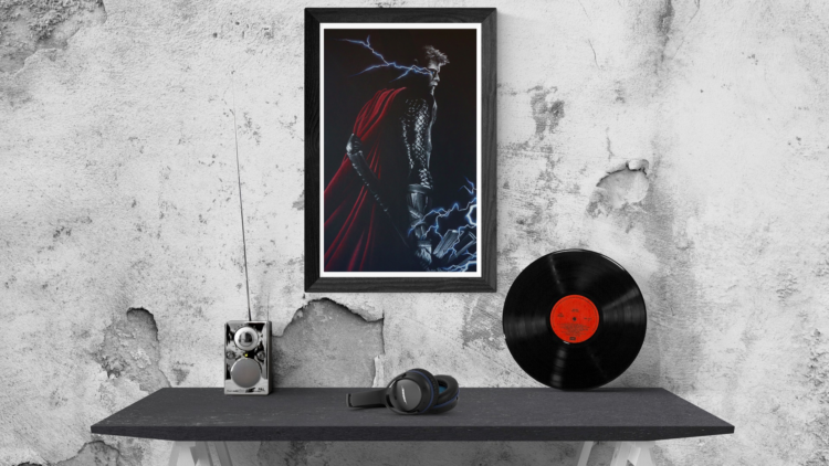 Drawing of Thor in a frame on a concrete wall adn a black table with an LP and a radio