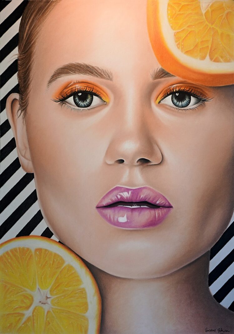 Big pastel drawing of a woman with purple lips and orange eye shadow and an orange in top right coner and left bottom coner with a black and whit striped bagground