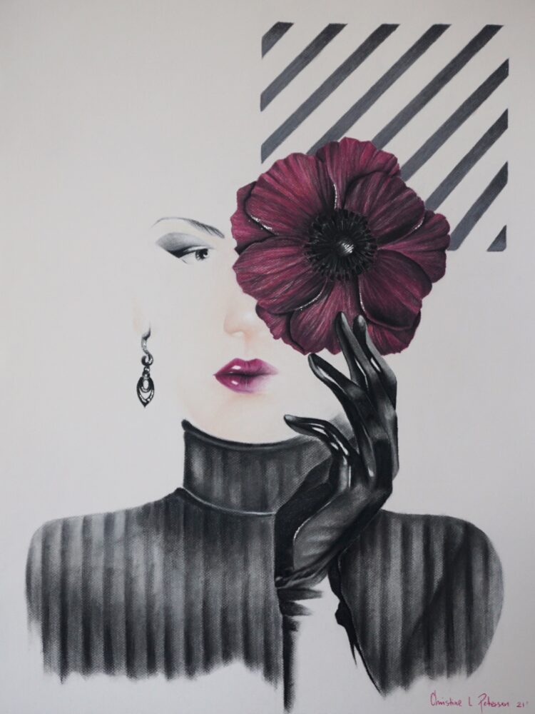 Pastel drawing with a woman with purple lips wearing a black shirt and a black glow holding a purple flower in front of her right eye
