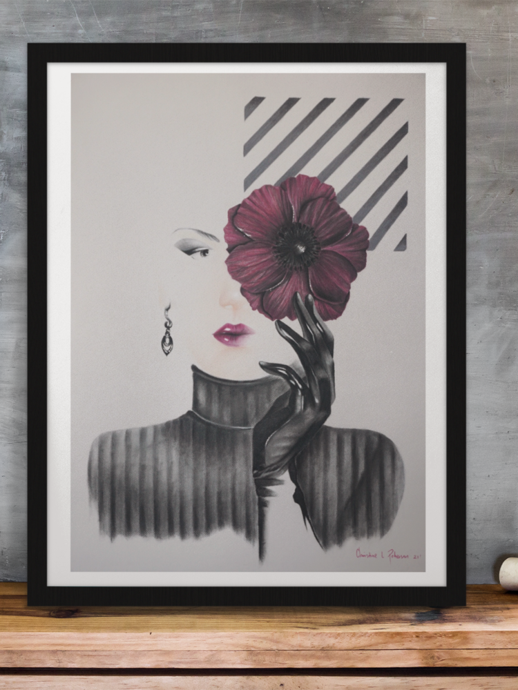 Pastel drawing with a woman with purple lips wearing a black shirt and a black glow holding a purple flower in front of her right eye in a black frame standing on a wodden shelf