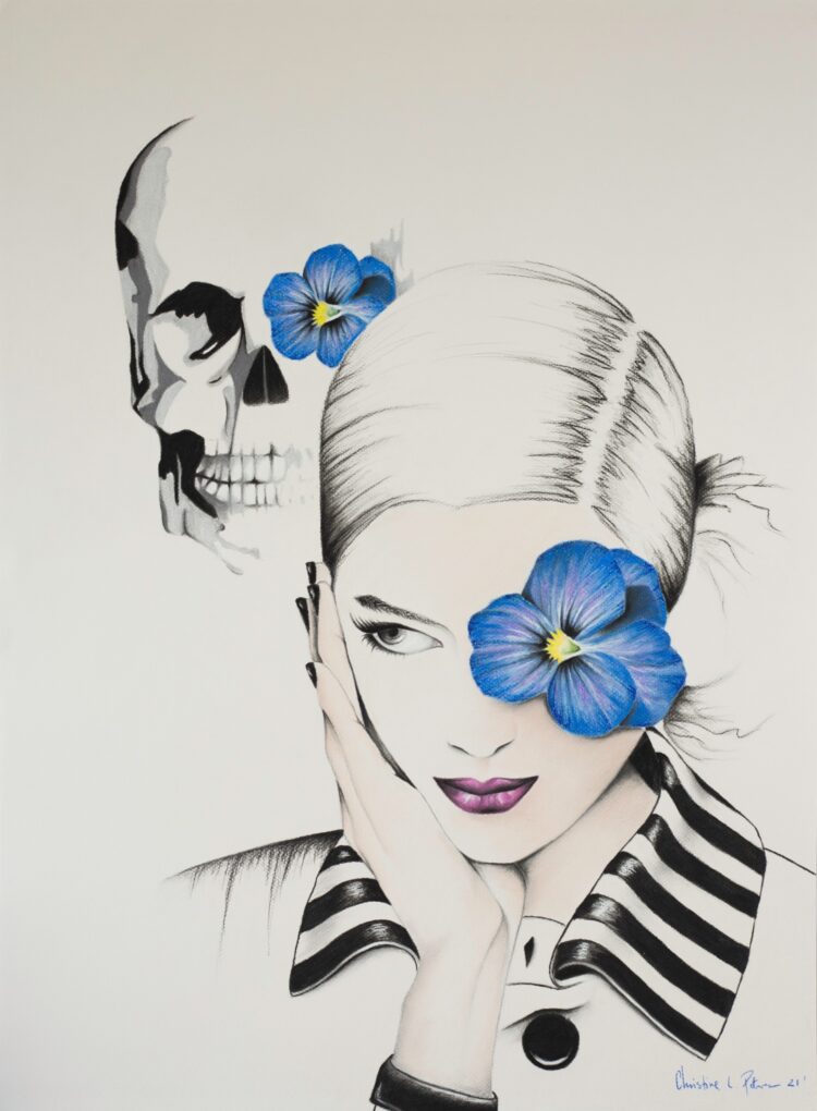 Pastel drawing of woman with blue flower in frent of her left eye in a white shirt with a striped collar and a skull in the bagground with a blue flowe on it's left eye