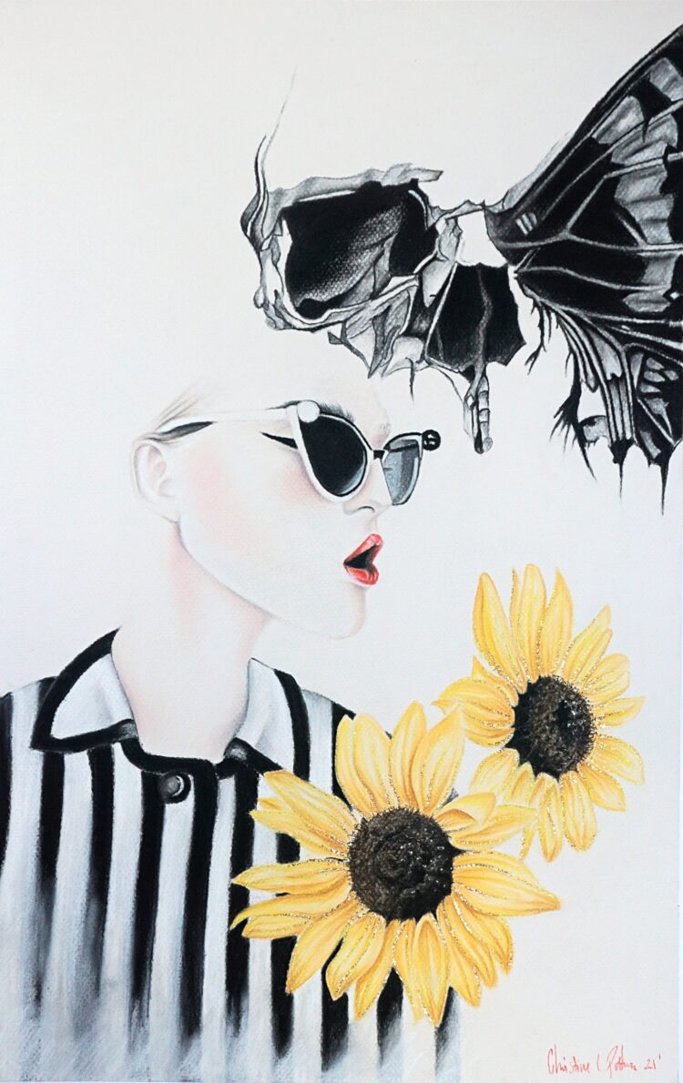 Pastel drawing of a woman in a black and white shirt with two sunflowers in the right coner and a skull butterfly next to her head