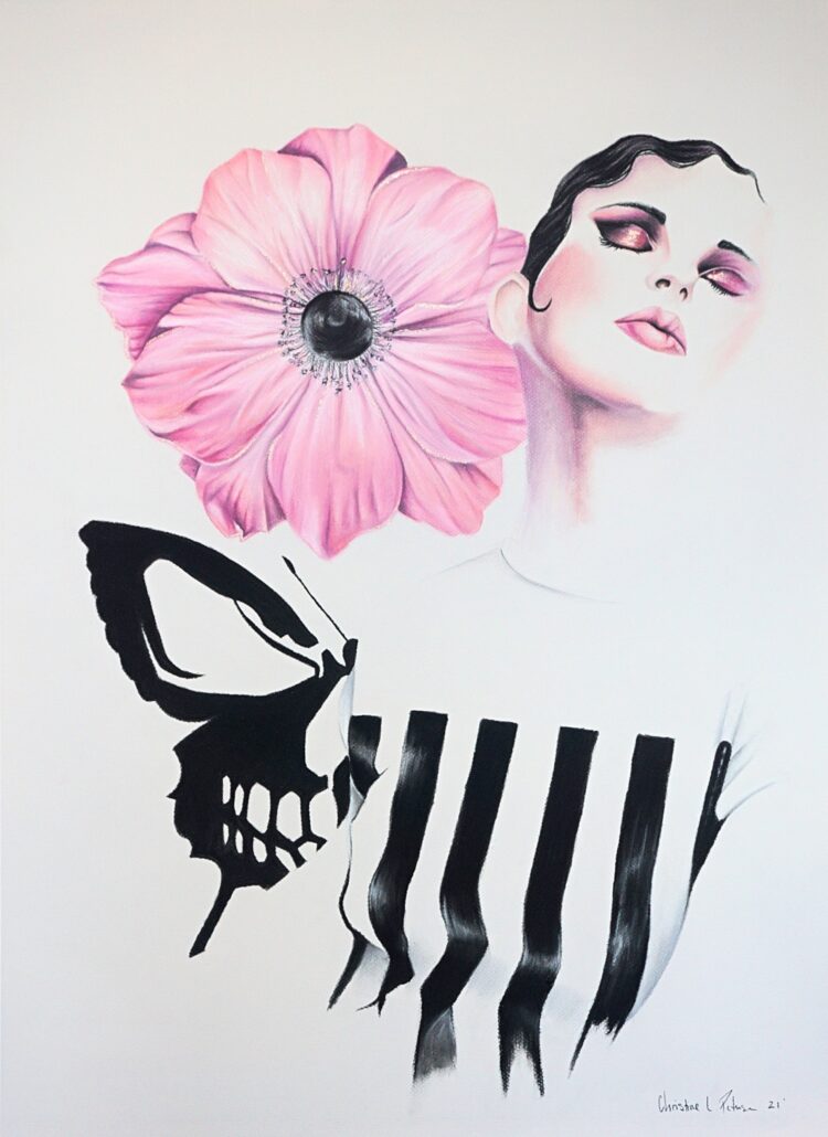 Pastel drawing of a woman in a black and white striped shirt looking up with a pink flower next to her head and a skull butterfly behind her back