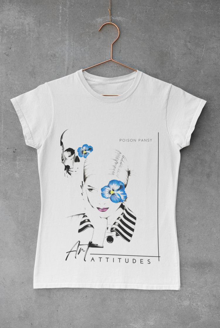 White t-shirt with an image of woman with blue flower in frent of her left eye in a white shirt with a striped collar and a skull in the bagground with a blue flowe on it's left eye