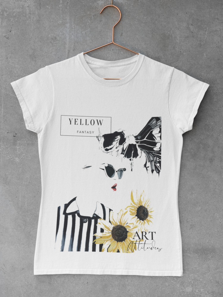 White t-shirt with a motive of a woman in a black and white shirt with two sunflowers in the right coner and a skull butterfly next to her head