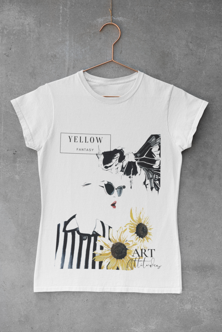 White t-shirt with a motive of a woman in a black and white shirt with two sunflowers in the right coner and a skull butterfly next to her head