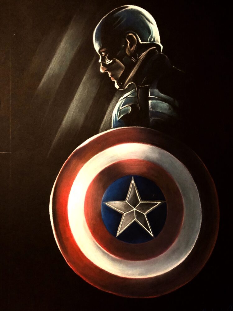 Black and white pastel drawing of captain america